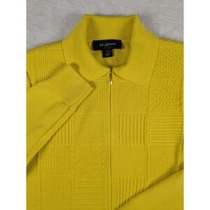 St John Women's Yellow Knit Zip Up Patchwork Collared Sweater Made in USA S READ